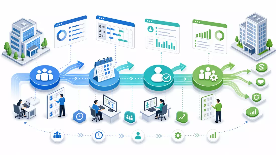 Isometrische 3D-Illustration einer digitalen Workforce-Management-Prozesskette mit Büros und Daten