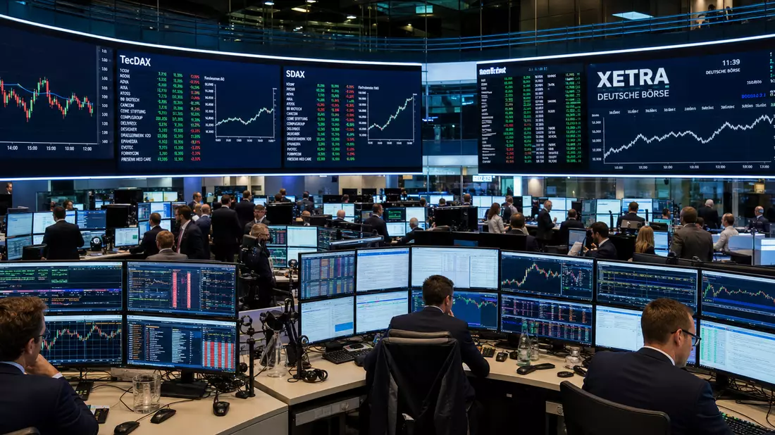 Frankfurter Börse Xetra Handelssaal mit TecDAX und SDAX Anzeigen und Händlern