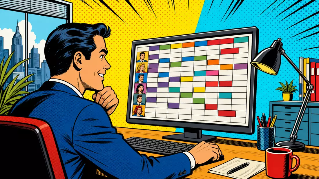 Pop-Art-Comic mit Büroangestelltem am Computer mit farbiger Schichtplanungsanwendung