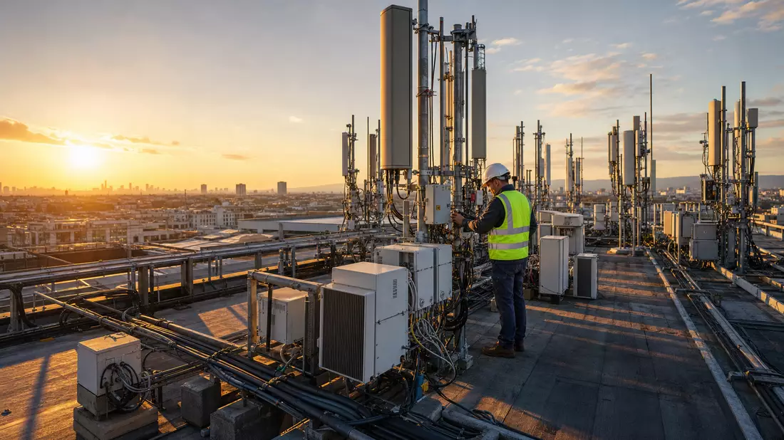 Techniker inspiziert Mobilfunkantennen auf Hochhausdach mit Stadtpanorama im Abendlicht