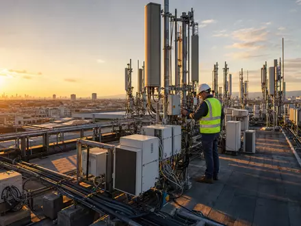 AT&T Inc. Antennentürme auf einem Großstadtdach inspiziert bei US00206R1023 Telekommunikationsinfrastruktur im goldenen Sonnenuntergang - Foto: THN
