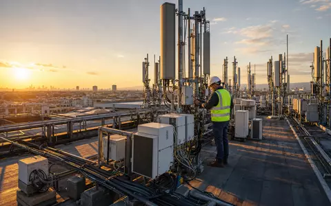 AT&T Inc. Antennentürme auf einem Großstadtdach inspiziert bei US00206R1023 Telekommunikationsinfrastruktur im goldenen Sonnenuntergang - Foto: THN