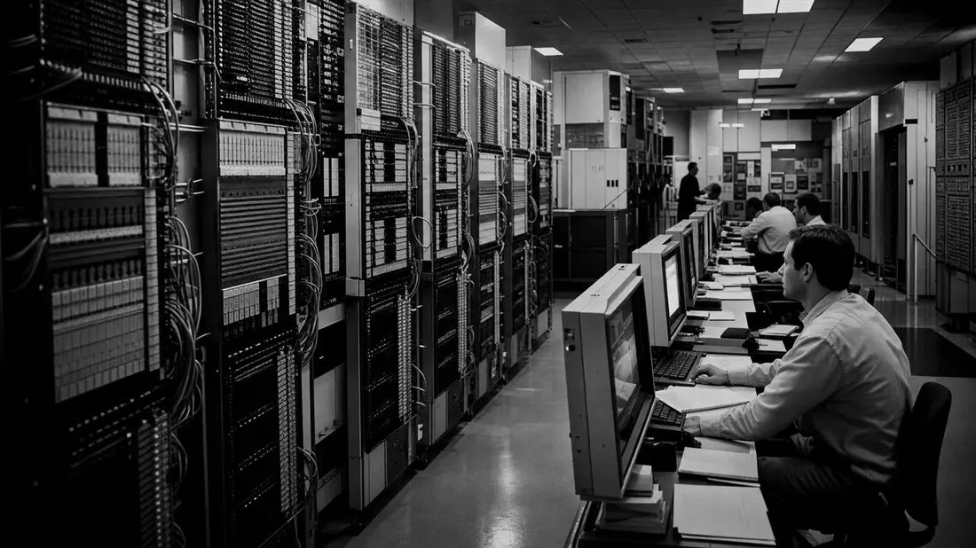 Schwarzweiß-Reportagefoto von Ingenieuren in einem Telekommunikations-Rechenzentrum mit Servern
