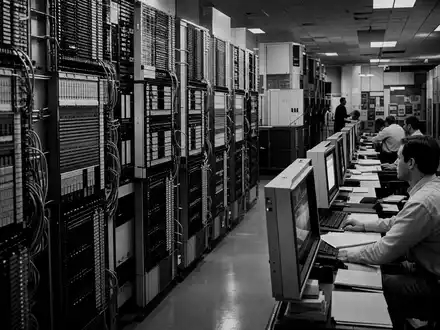 Schwarzweiß-Reportage eines US00206R1023 Telekommunikations-Rechenzentrums von AT&T Inc. mit Ingenieuren bei der Arbeit - Foto: THN