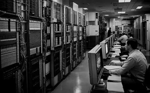 Schwarzweiß-Reportage eines US00206R1023 Telekommunikations-Rechenzentrums von AT&T Inc. mit Ingenieuren bei der Arbeit - Foto: THN