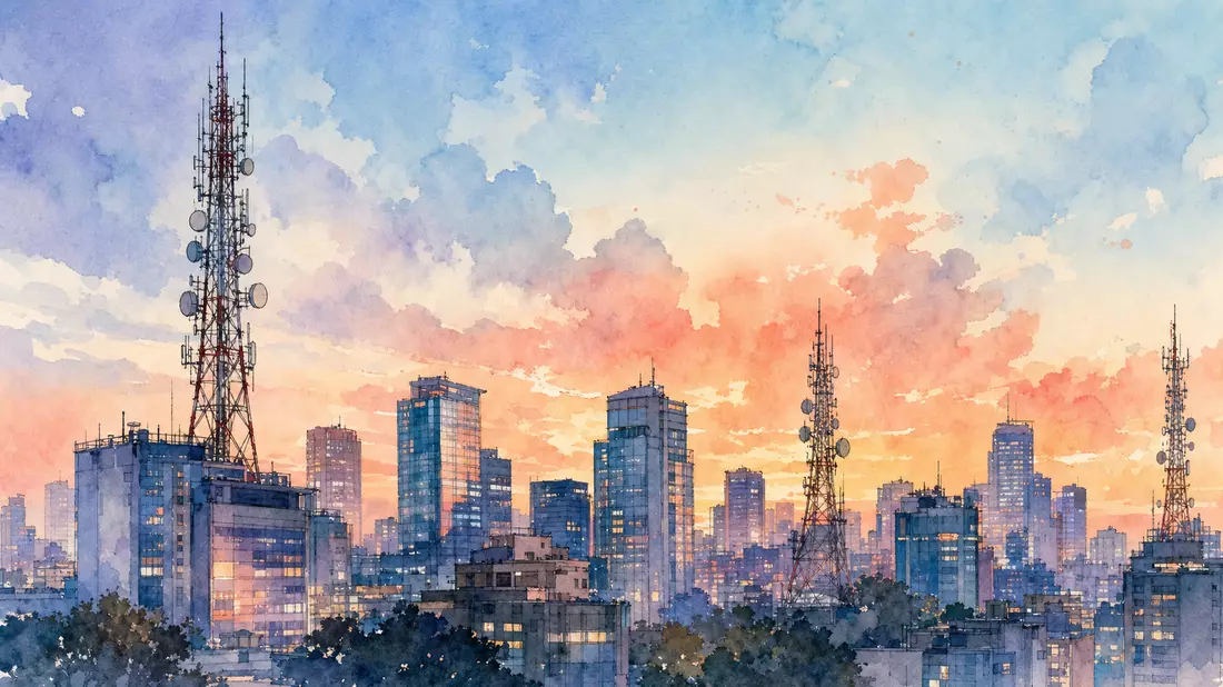 Aquarellbild einer Großstadtsilhouette mit Telekommunikationstürmen im pastellfarbenen Abendhimmel