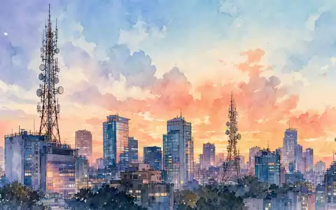 AT&T Inc. Stadtpanorama mit Sendemasten als Aquarell gemalt für Aktie US00206R1023 Telekommunikationssektor - Foto: THN