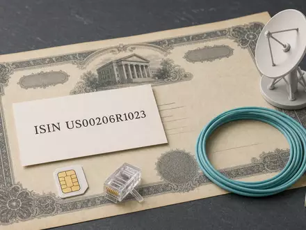 AT&T Inc. Flatlay mit Aktienzertifikat und ISIN-Karte US00206R1023 SIM-Karte Glasfaserkabel sowie einer Satellitenschüssel - Foto: THN