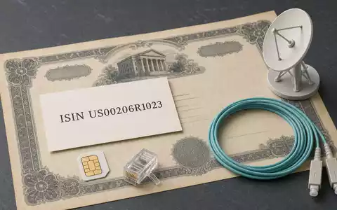AT&T Inc. Flatlay mit Aktienzertifikat und ISIN-Karte US00206R1023 SIM-Karte Glasfaserkabel sowie einer Satellitenschüssel - Foto: THN