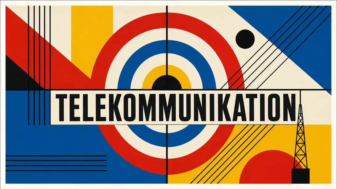 Bauhaus-Poster in Primärfarben mit geometrischen Formen und Schriftzug Telekommunikation