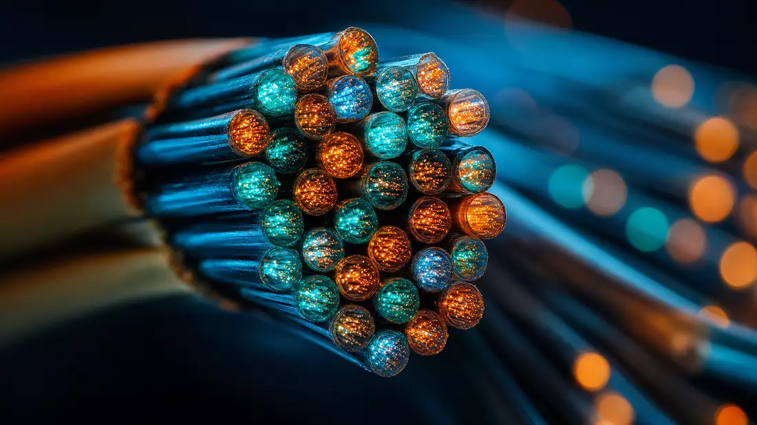 Extremes Makrofoto eines Glasfaserkabelbündels mit türkis-orangefarbenen Lichtkernen im Querschnitt