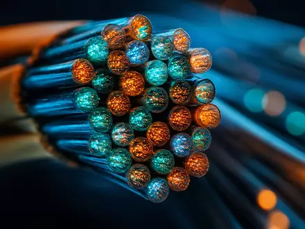 AT&T Inc. Glasfaserkabel-Querschnitt in extremer Makroaufnahme zeigt leuchtende Lichtkerne der Aktie US00206R1023 - Foto: THN