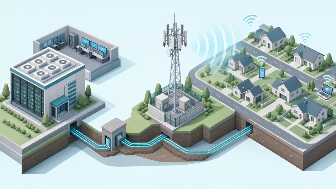 Isometrische 3D-Illustration der Telekommunikations-Wertschöpfungskette von Rechenzentrum bis Haushalt