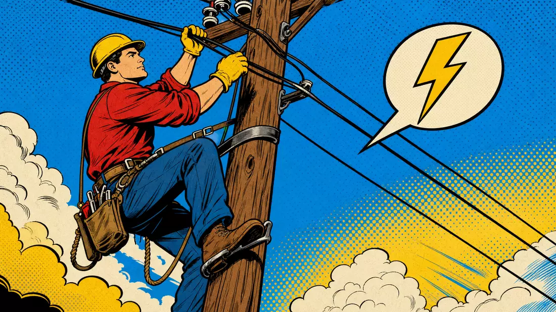 Pop-Art-Comic-Illustration eines Leitungsmontagetechnikers auf einem Holzmast mit Halftone-Hintergrund