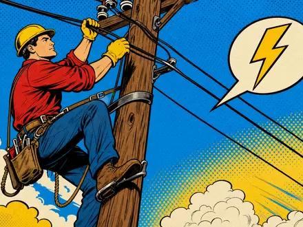 AT&T Inc. Pop-Art-Comic zeigt Leitungsmonteur auf Telefonmast als Retro-Illustration der Aktie US00206R1023 - Foto: THN