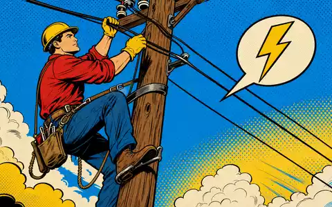 AT&T Inc. Pop-Art-Comic zeigt Leitungsmonteur auf Telefonmast als Retro-Illustration der Aktie US00206R1023 - Foto: THN