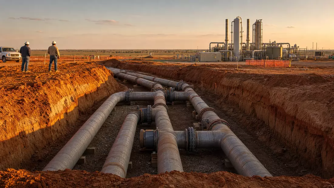 Fotorealistische Erdgas-Pipeline-Baustelle in Texas bei Sonnenuntergang
