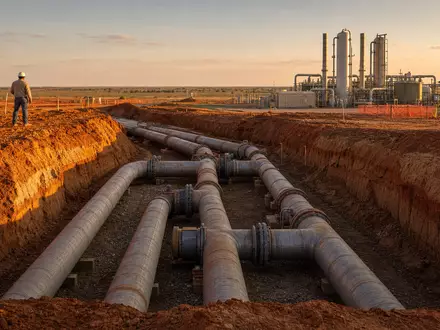 Atmos Energy Corp. verlegt neue Erdgas-Pipelines in Texas bei goldenem Abendlicht, ISIN US0495601058 - Foto: THN