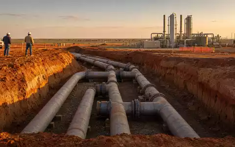 Atmos Energy Corp. verlegt neue Erdgas-Pipelines in Texas bei goldenem Abendlicht, ISIN US0495601058 - Foto: THN