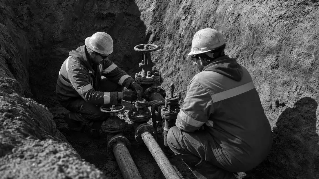 Schwarzweiß-Reportage von Gasarbeitern bei Ventilinspektion im Graben