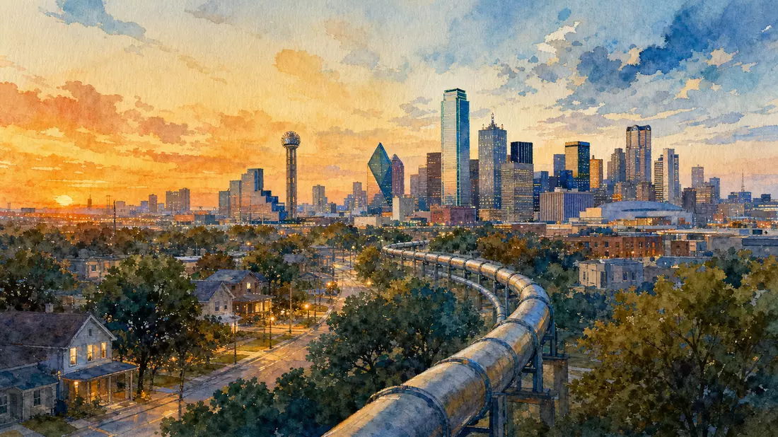 Aquarell-Darstellung der Dallas-Skyline mit Erdgas-Pipeline im Vordergrund