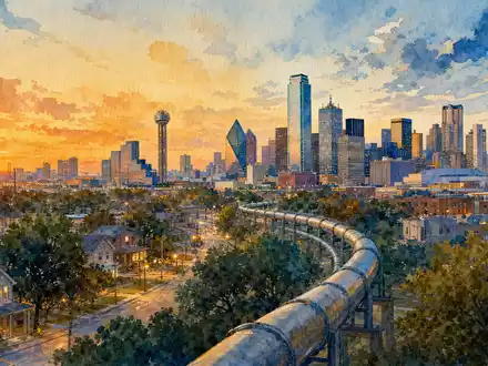 Atmos Energy Corp. Aquarell der abendlichen Dallas-Skyline mit Erdgas-Pipeline im Vordergrund, ISIN US0495601058 - Foto: THN