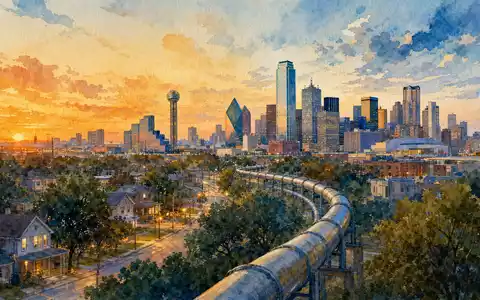 Atmos Energy Corp. Aquarell der abendlichen Dallas-Skyline mit Erdgas-Pipeline im Vordergrund, ISIN US0495601058 - Foto: THN