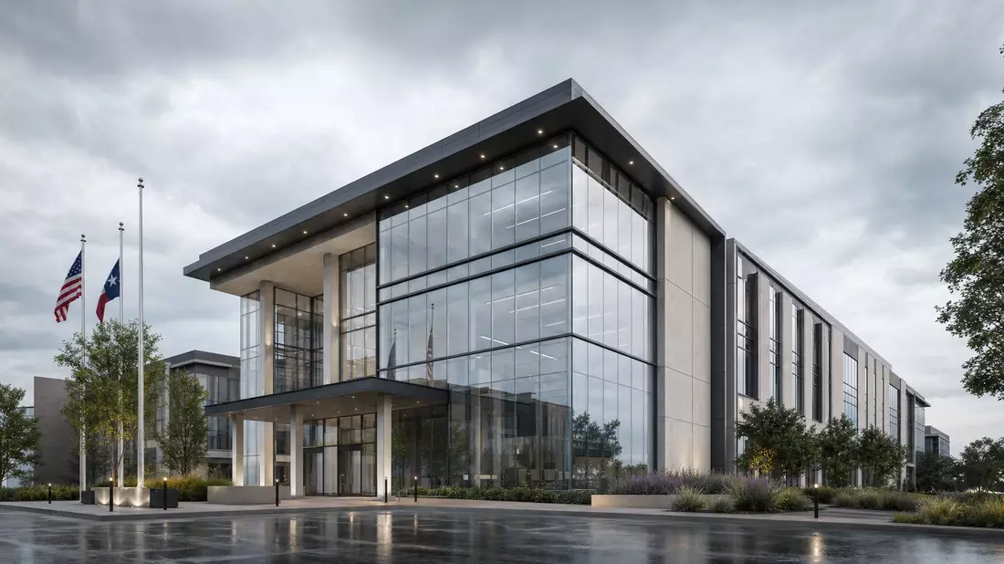 CGI-Render eines modernen Erdgas-Betriebszentrums mit Glas-Stahl-Fassade