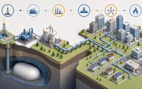 Atmos Energy Corp. isometrische 3D-Darstellung der Erdgas-Wertschöpfungskette von Förderung bis Haushalt, US0495601058 - Foto: THN