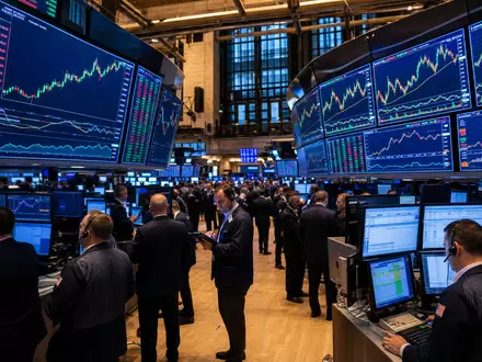 Atmos Energy Corp. NYSE-Börsenparkett mit steigenden Energiesektor-Kursanzeigen auf groĂen Bildschirmen, ISIN US0495601058 - Foto: THN