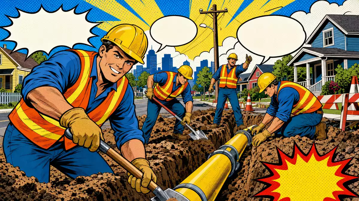 Pop-Art-Comic mit heroischen Gasarbeitern beim Verlegen von Erdgasleitungen