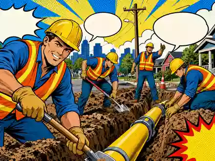 Atmos Energy Corp. Pop-Art-Comic zeigt heroische Gasarbeiter beim Verlegen von Erdgasleitungen, ISIN US0495601058 - Foto: THN