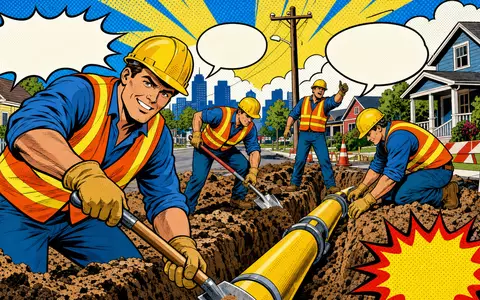 Atmos Energy Corp. Pop-Art-Comic zeigt heroische Gasarbeiter beim Verlegen von Erdgasleitungen, ISIN US0495601058 - Foto: THN
