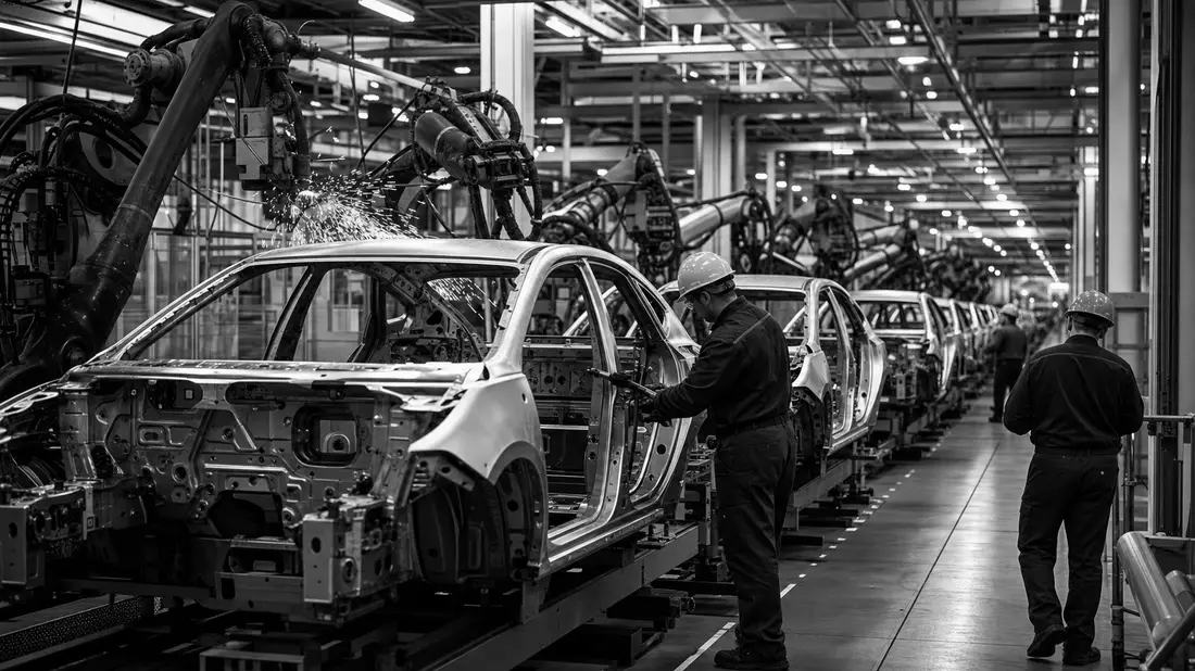 Schwarzweiß-Reportagefoto einer Automobilfertigung mit Robotern und Arbeitern am Fließband