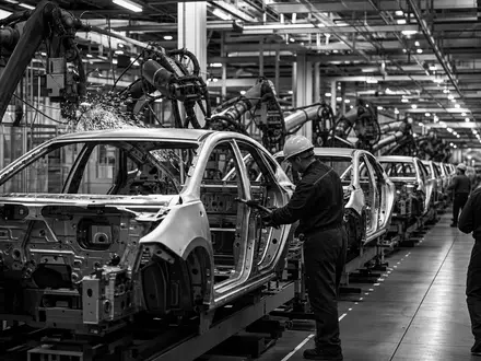 BMW AG (DE0005190003): dokumentarische Schwarzweiß-Reportagefoto einer Automobil-Produktionshalle mit Fließband, Robotern und Arbeitern - Foto: THN