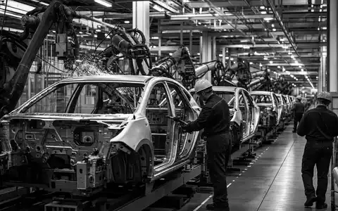 BMW AG (DE0005190003): dokumentarische Schwarzweiß-Reportagefoto einer Automobil-Produktionshalle mit Fließband, Robotern und Arbeitern - Foto: THN