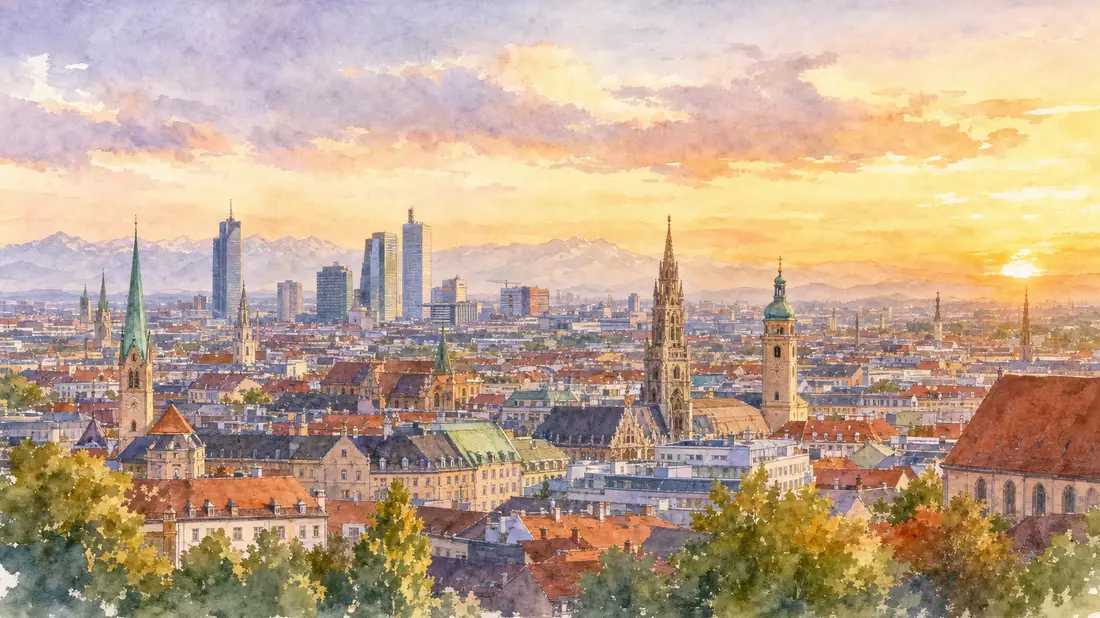 Aquarellmalerei der Münchner Skyline bei Sonnenuntergang mit Kirchtürmen und Bürotürmen