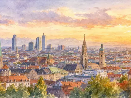 BMW AG (DE0005190003): Aquarell-Gemälde der Münchner Skyline bei goldenem Abendlicht, neutrale Stadtansicht ohne Markenbezug - Foto: THN