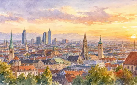 BMW AG (DE0005190003): Aquarell-Gemälde der Münchner Skyline bei goldenem Abendlicht, neutrale Stadtansicht ohne Markenbezug - Foto: THN