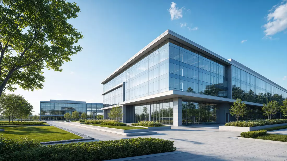 3D-Architekturvisualisierung eines modernen Glas-Bürogebäudes mit Grünanlage, unbranded