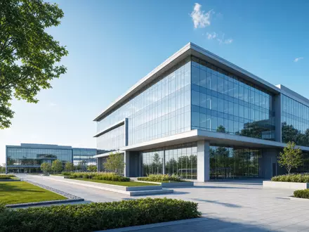 BMW AG (DE0005190003): moderner Architektur-Render eines gläsernen Forschungs- und Entwicklungscampus, ohne jede Firmenkennzeichnung sichtbar - Foto: THN