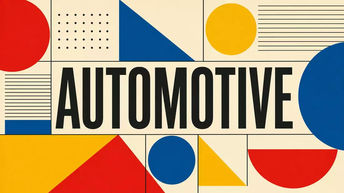 Bauhaus-Poster mit geometrischen Formen und dem Wort AUTOMOTIVE in Rot, Blau und Gelb