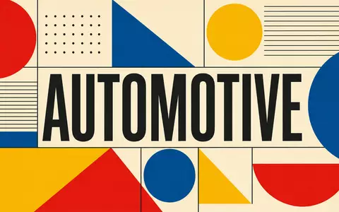 BMW AG (DE0005190003): geometrisches Bauhaus-Poster mit Grundformen, Kreisen und dem Schriftzug AUTOMOTIVE in Primärfarben - Foto: THN