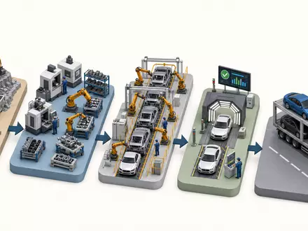 BMW AG (DE0005190003): isometrisches 3D-Diagramm der Automobil-Wertschöpfungskette von Rohstoffgewinnung bis zur finalen Fahrzeugauslieferung - Foto: THN