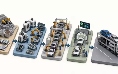 BMW AG (DE0005190003): isometrisches 3D-Diagramm der Automobil-Wertschöpfungskette von Rohstoffgewinnung bis zur finalen Fahrzeugauslieferung - Foto: THN