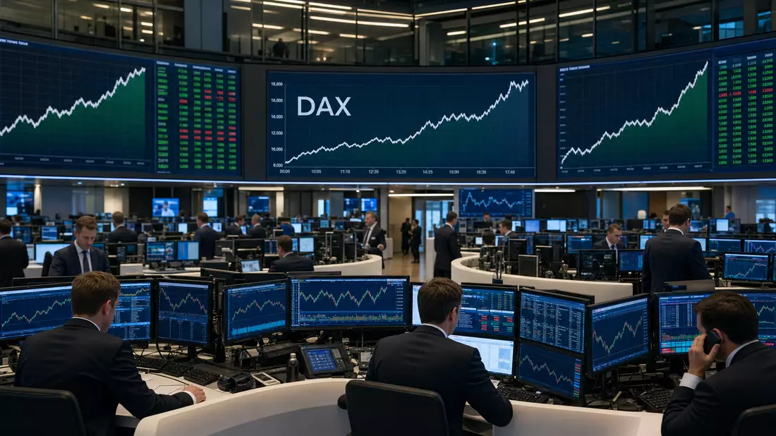 Trading-Floor mit Händlern und großen Bildschirmen mit DAX-Kursverlauf in Frankfurt