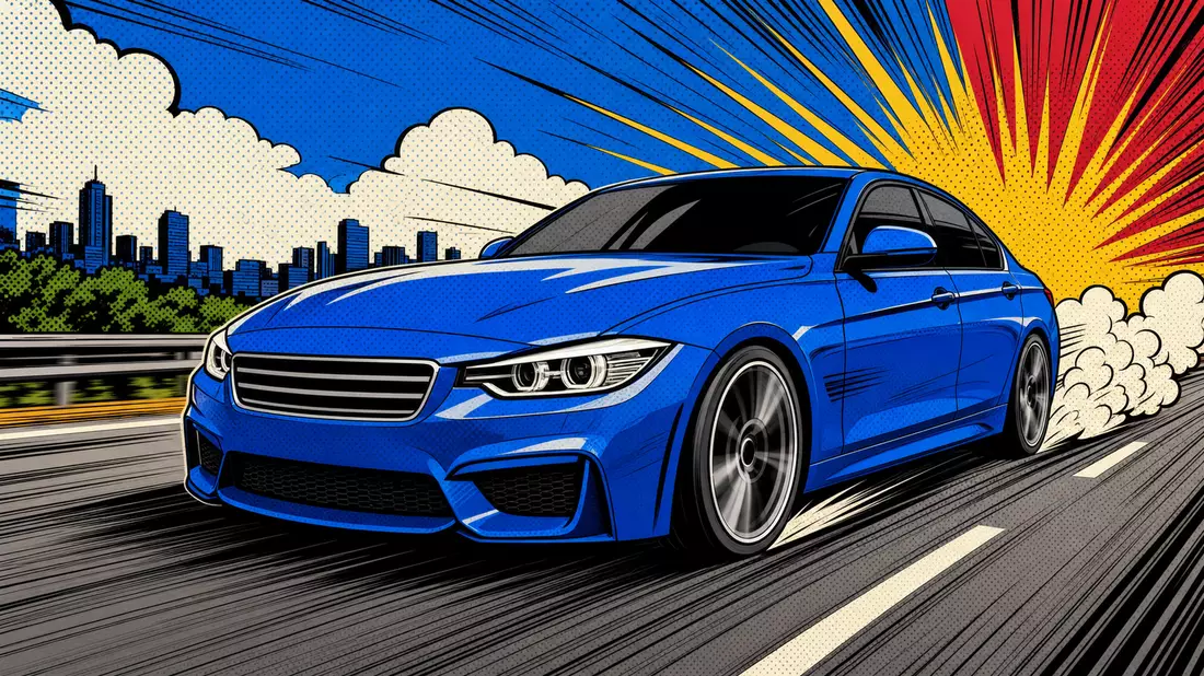 Pop-Art-Comic-Zeichnung einer blauen Sportlimousine mit Tempolinien und buntem Hintergrund