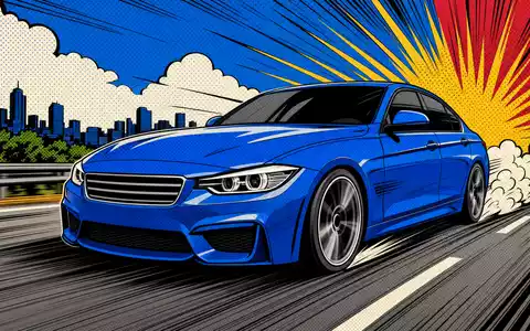 BMW AG (DE0005190003): farbenfrohe Pop-Art-Comic-Illustration einer stilisierten Sportlimousine mit alternativem, markenfreiem Grill-Design - Foto: THN