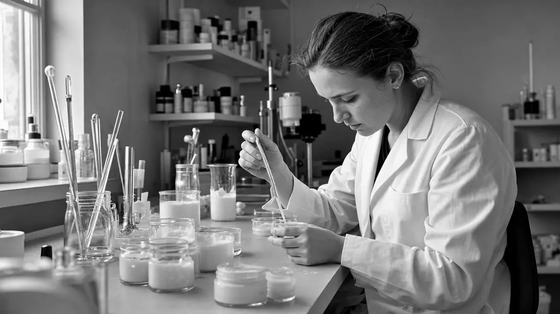 Dokumentarische Schwarzweiß-Aufnahme einer Laborantin bei der Hautpflege-Produktentwicklung