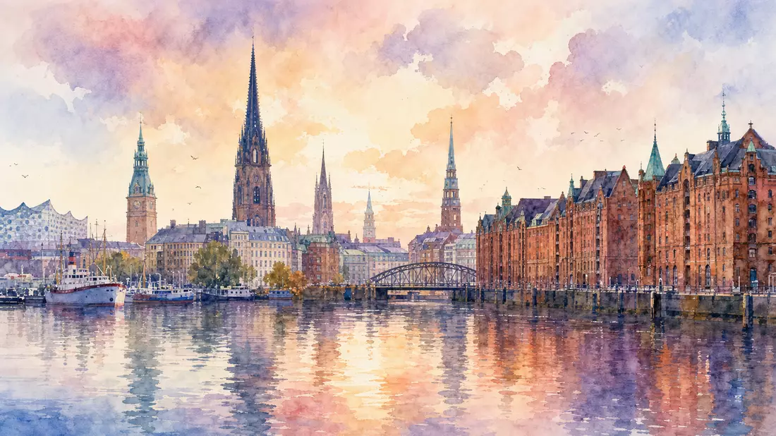 Aquarellbild der Hamburger Skyline mit Speicherstadt und Elbe in Pastelltönen